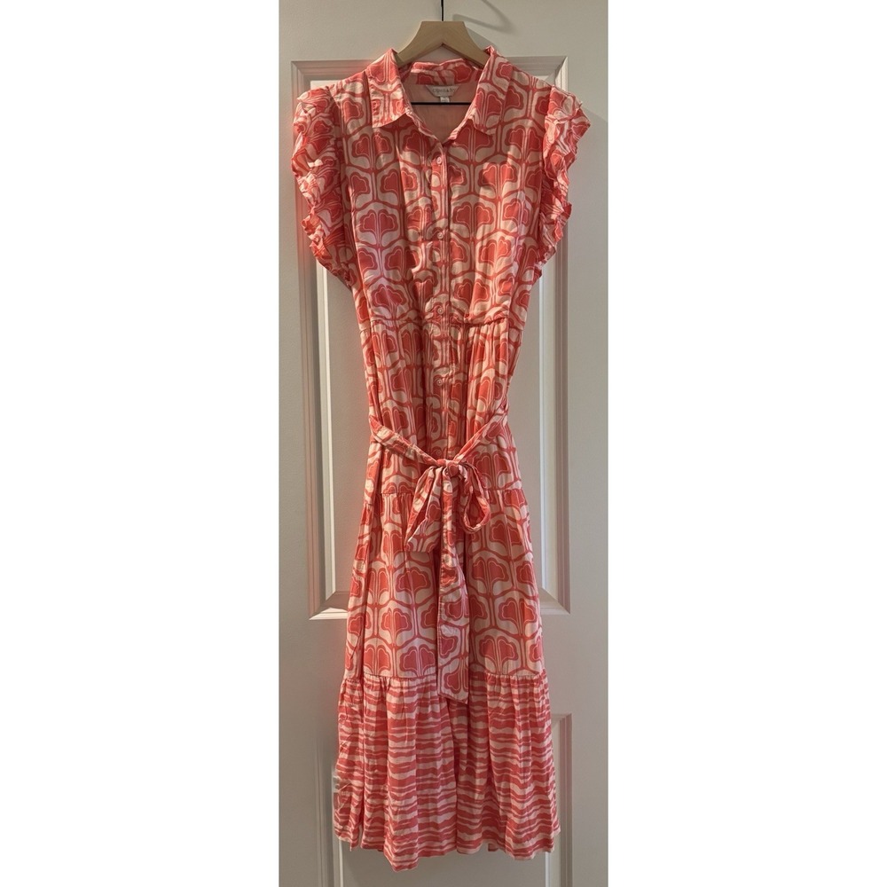 Crown & Ivy Coral Geo Print Midi Dress XL NWT Ruffle Sleeve Belted Button Front